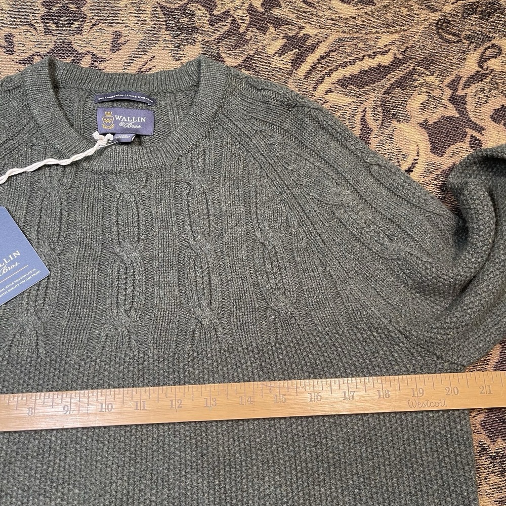 Wallin & Bros Sweater Mens Medium Green Crewneck 100% Lambswool Cable Knit New - Picture 5 of 10